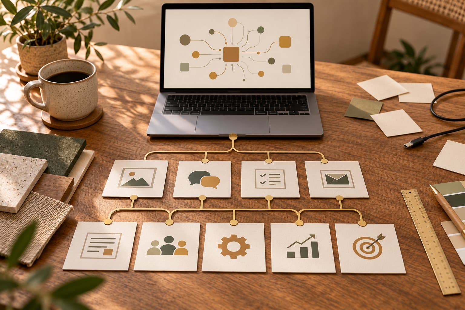 Cards linked in order by a gold line, leading to a laptop