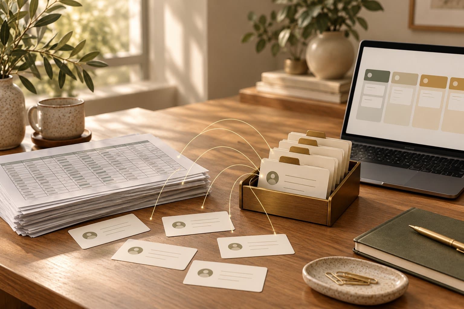 Printed spreadsheets beside a brass box of customer cards