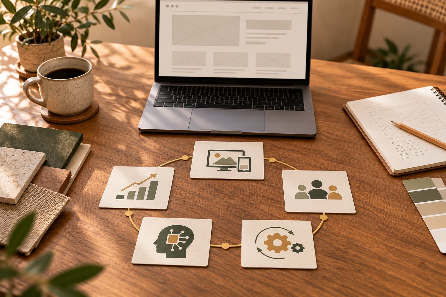 Five linked cards on a desk forming one operating system