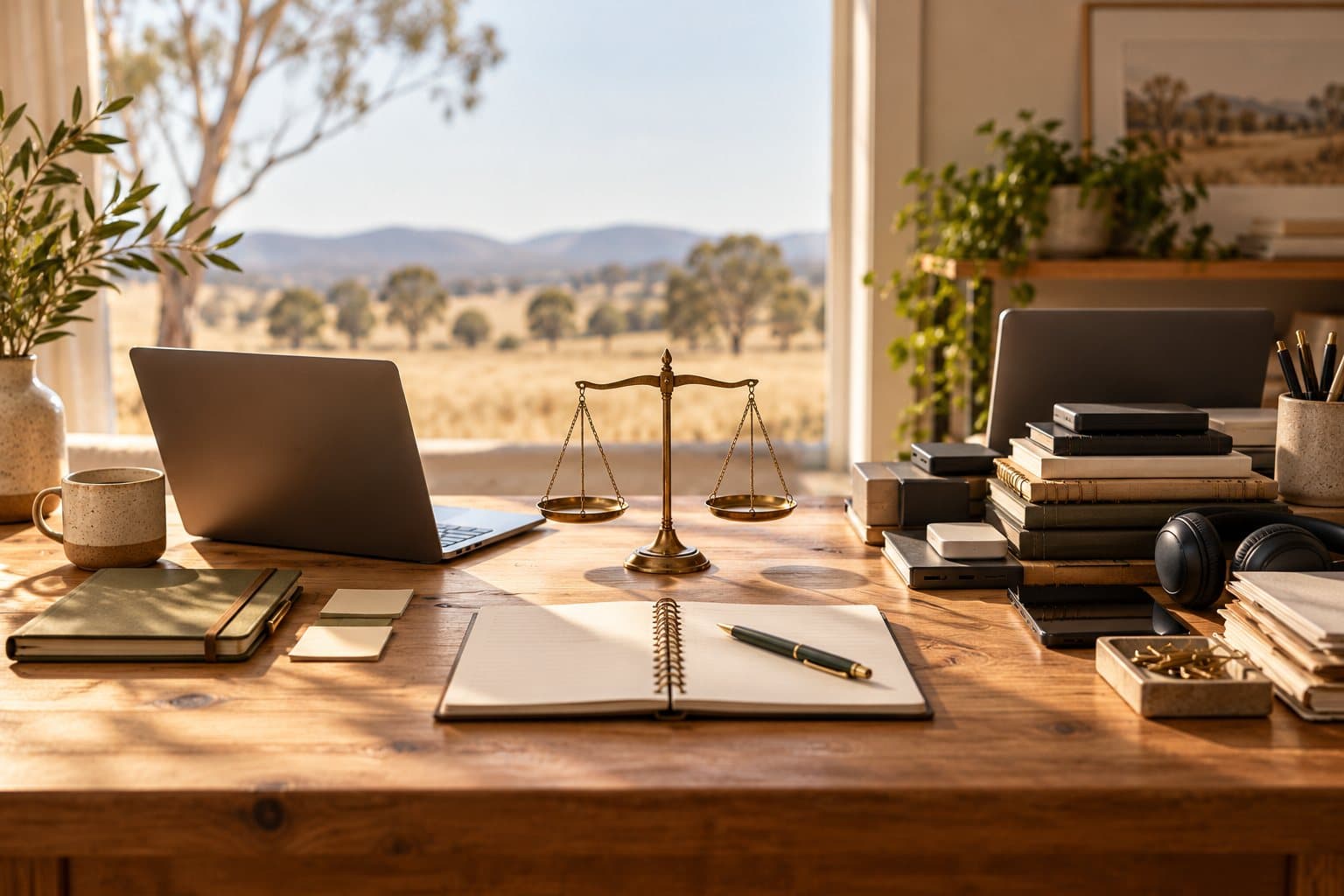 Brass scales on a desk between two toolkits