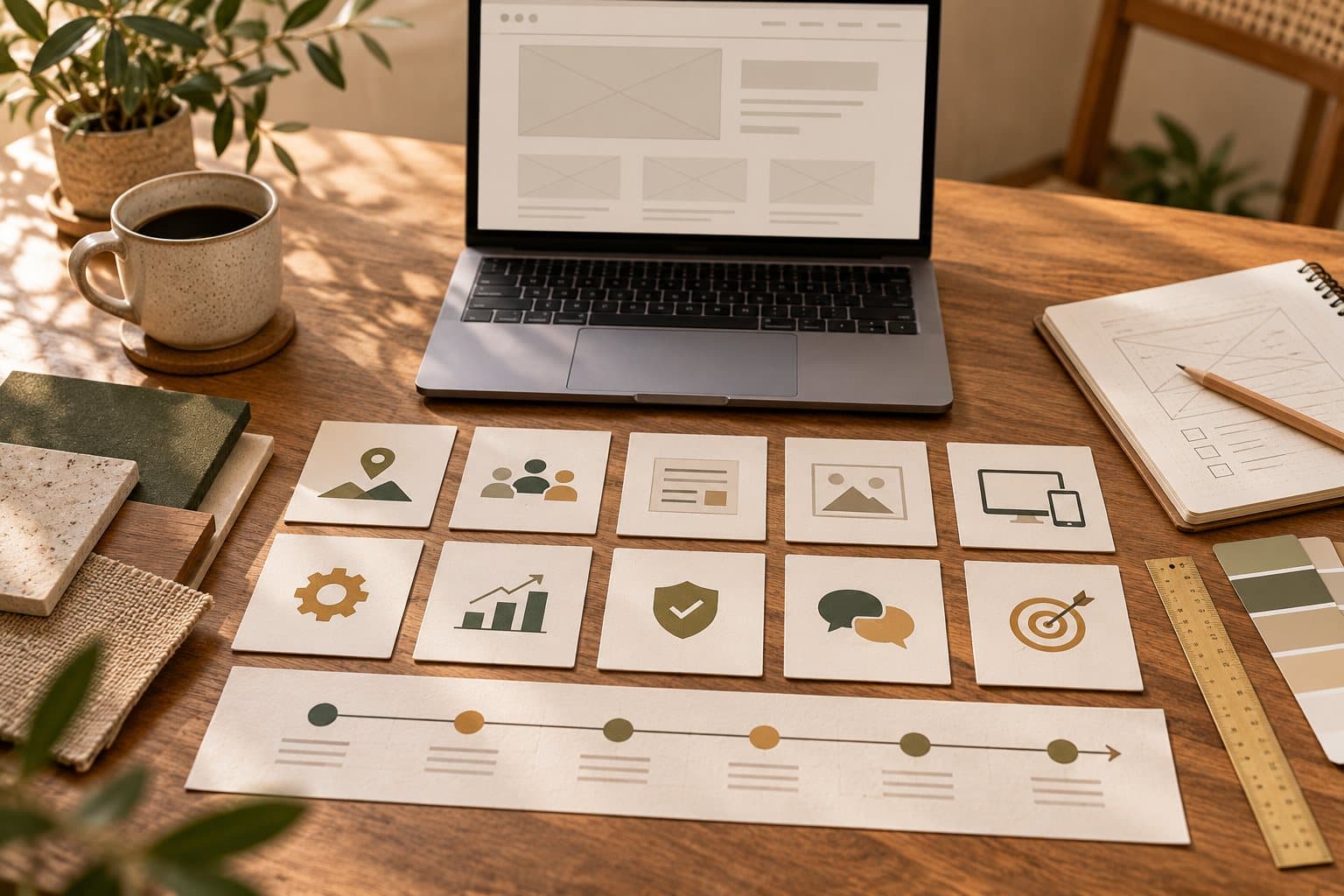 Website planning cards and wireframes laid out on a timber desk