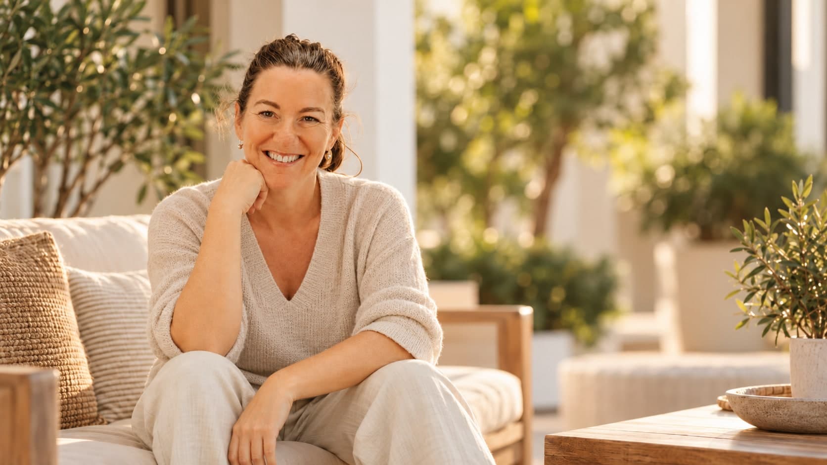 Kathryn Weekley sitting on an outdoor lounge in the afternoon sun