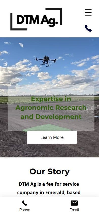 Homepage of DTM Ag, dtmag.com.au on a phone, captured September 2026