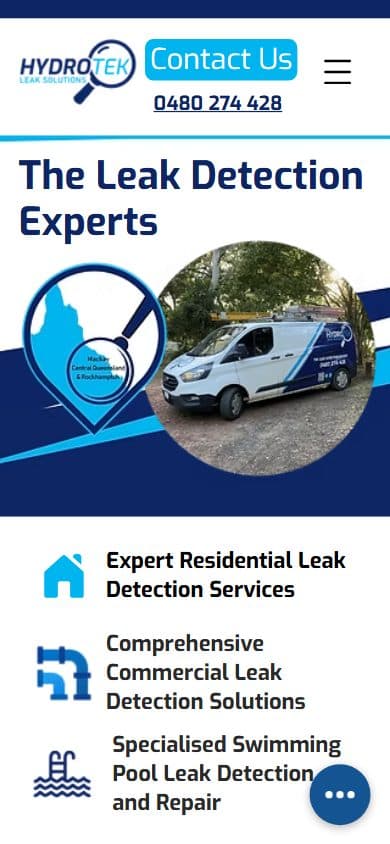 Homepage of HydroTek Leak Solutions, hydrotekleaksolutions.com.au on a phone, captured September 2026