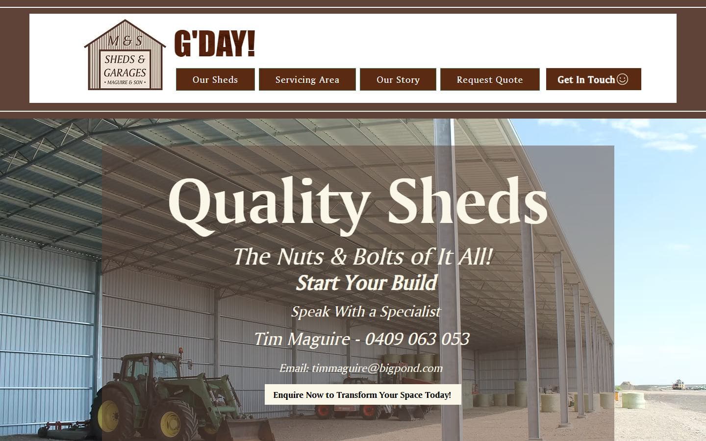 Homepage of M & S Sheds, msshedsandgarages.com.au, captured September 2026