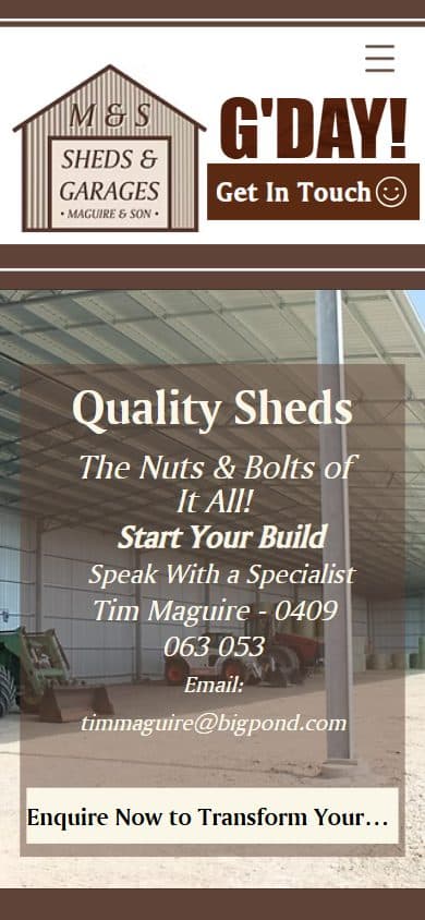 Homepage of M & S Sheds, msshedsandgarages.com.au on a phone, captured September 2026