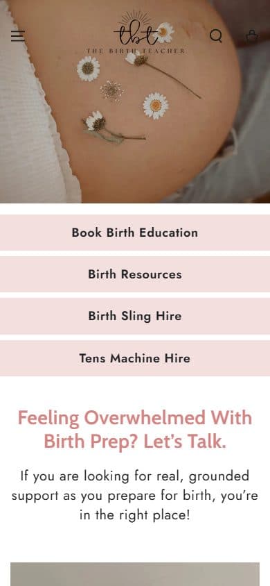 Homepage of The Birth Teacher, thebirthteacher.com on a phone, captured September 2026