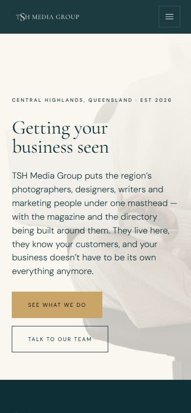 Homepage of TSH Media Group, tshmediagroup.com.au on a phone, captured September 2026