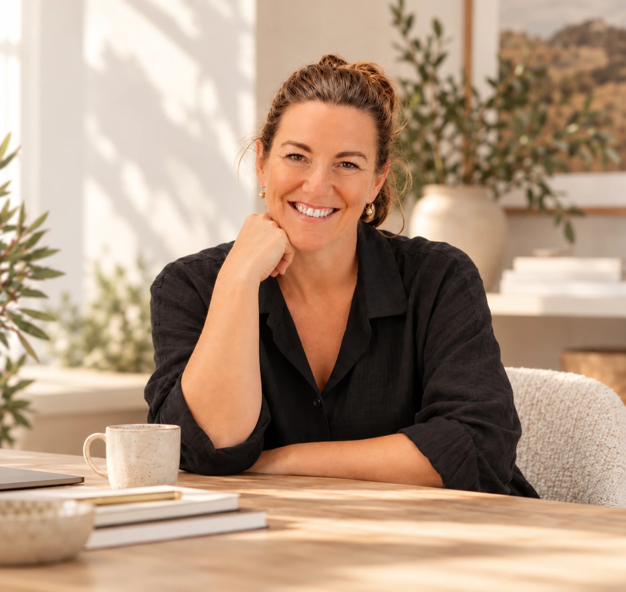 Kathryn Weekley smiling at a timber table, chin on her hand, beside a coffee cup and notebooks