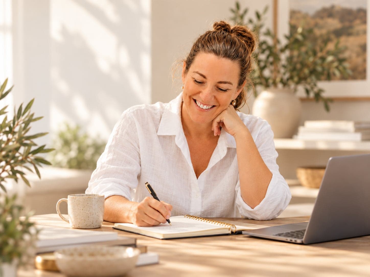 Kathryn Weekley writing in a notebook at her desk, laptop open beside her
